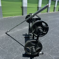 255lbs of Olympic weights plus barbell and dumbbell rack heavy duty Mint condition nice home gym