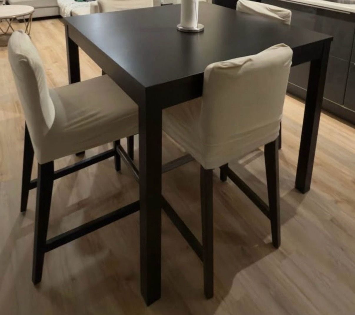 Black dining table bar stools chairs beige square