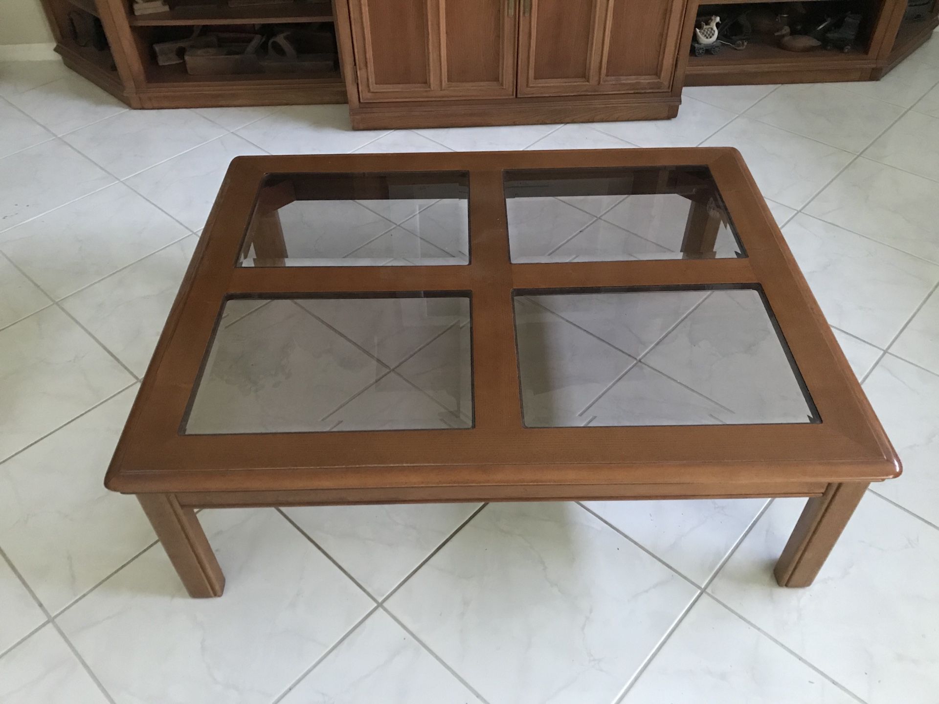 Solid oak & glass Bernhardt coffee table.