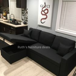Modern Black Sectional Sofa Pullout Bed With Storage Chaise 86”x 57” Brand New