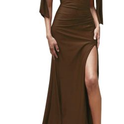 Brown-chocolate Satin Long Gown Dress