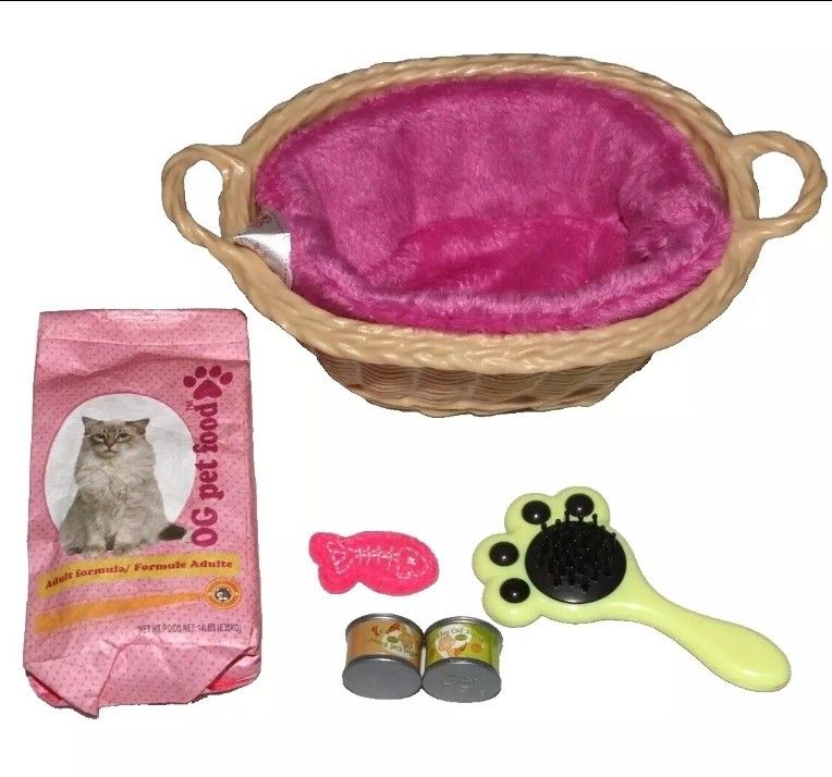 Our Generation / Battat cat pet bed, brush, food, accessories lot