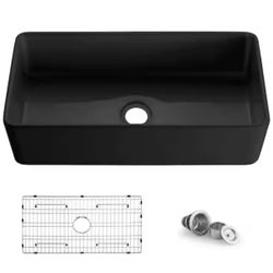KIBI 36 in. Farmhouse/Apron-Front Single Bowl Matte Black Fireclay Kitchen Sink with Bottom Grids, Strainer
