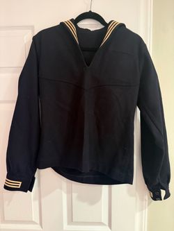Vintage Navy Wool Coat – Striped Cuff Trim