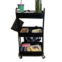 3 Tier Metal Utility Cart Black - Brightroom™: Rolling Storage Trolley with Wheels, Powder-Coated, Rust-Resistant