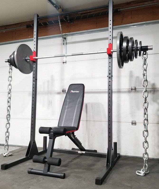 SQUAT RACK + ADJUSTABLE BENCH + OLYMPIC BARBELL + OLYMPIC WEIGHT PLATES + <<FREE DELIVERY>>