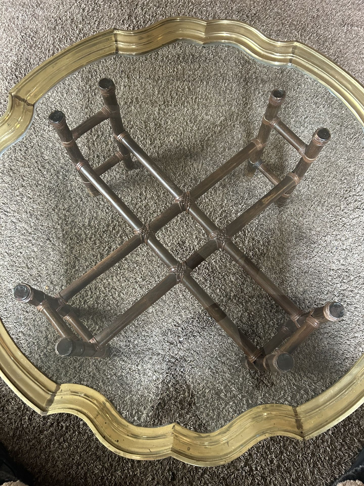 1960 Vintage Oversized-Form Coffee Table With Brass Rimmed Glass Tray & Faux bamboo seperatable base
