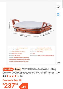 VEVOR Electric Seat Assist Lifting Cushion, 200lb Capacity, up to 34° Chair Lift Assist Device, with One-Button Control & Dual Power Options, Portable