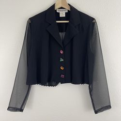 Vintage 90s Black Sheer Gemstone Button Up Flowy Boxy Cropped Long Sleeve Blouse
