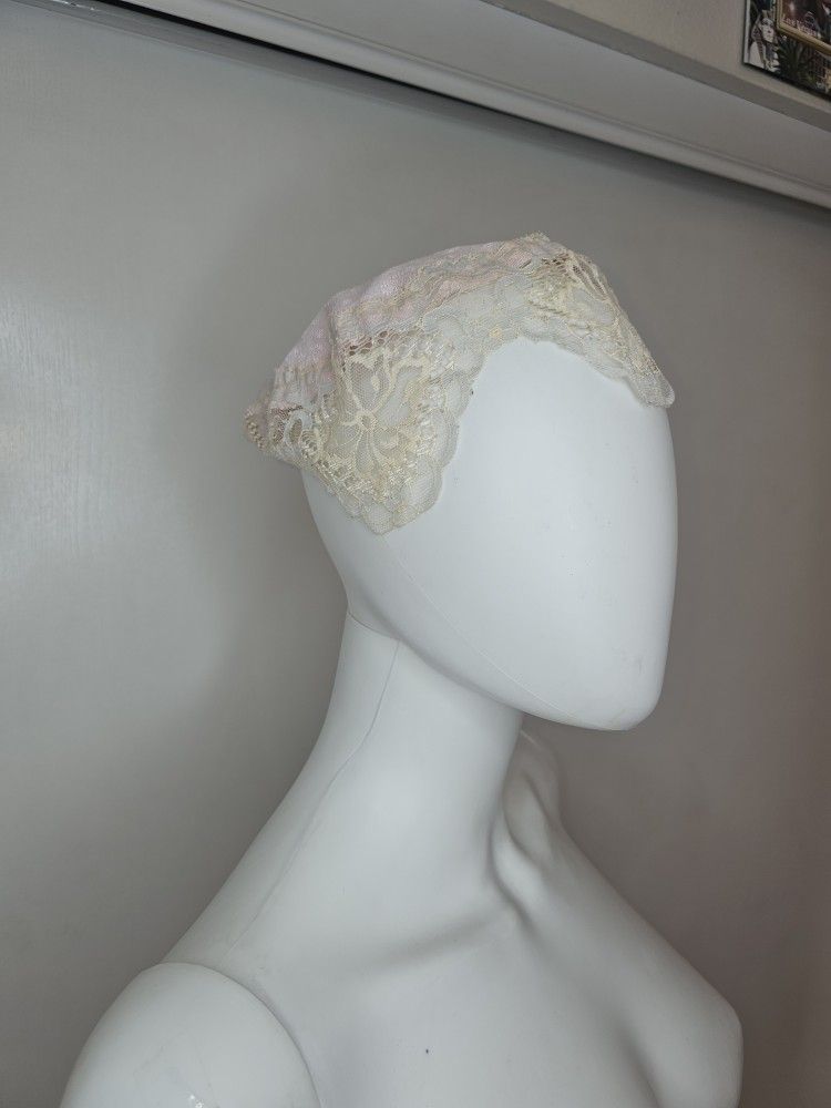 Elegant Cream/Pink Lace Trim Head Covering