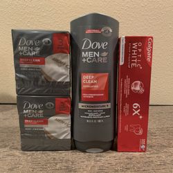 $12 Men’s Dove Bundle. Large 18oz Dove Body Wash 6 Bars Of Soap And Large Colgate Optic White. ALL FOR $12 