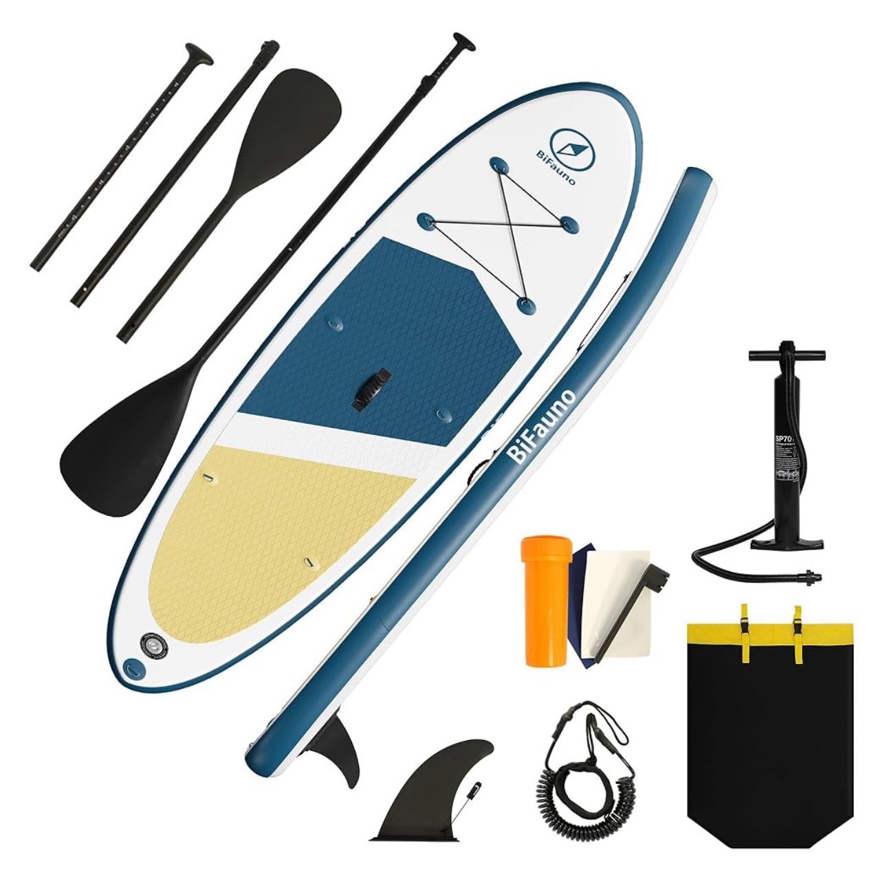 Inflatable Stand Up Paddle Board with SUP Accessories & Backpack. Paddle Boards for Adults. Non-Slip Deck, Wide Stance, Bottom Fin, Double Action Pump