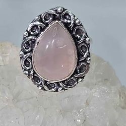 Rose Quartz 925 Silver Ring - Ornate Teardrop Design