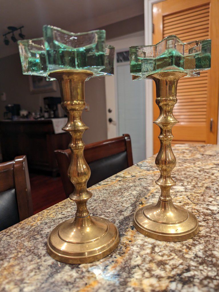 Brass Candlesticks With Green Glass Candle Holder