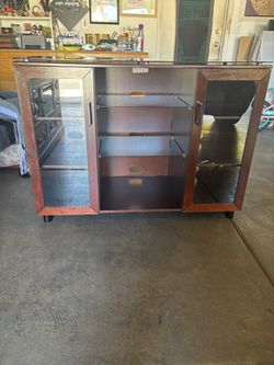 Solid Wood Entertainment/TVStand or Console/Sofa TableWith Lots of Storage With Glass Doors, Adjustable Shelves ; Glossy & Shiny Like Very New; No S