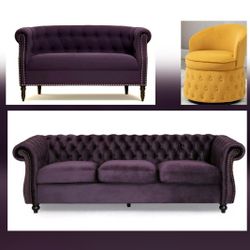 Velvet Purple N Yellow Diamond Tufted Sofa Set W/Chair