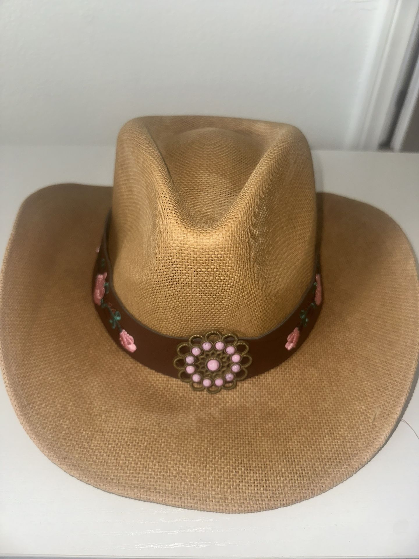 Khaki Cowboy Style Hat w/ Pink Flowers