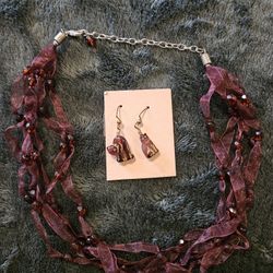 Ribbon Necklace Cat Earrings 