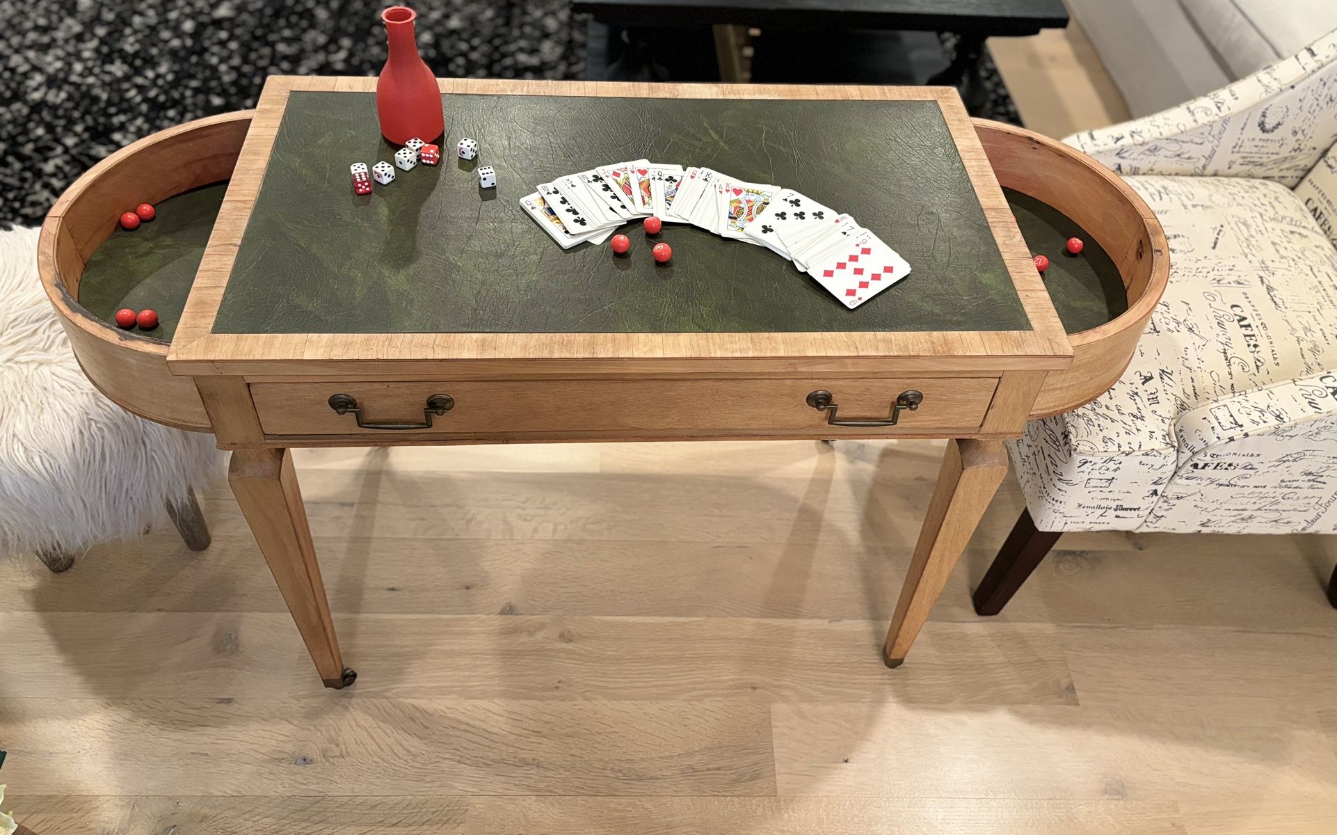 Antique Victorian Birds Eye Writing Desk/ Game Table with Leather Inlay and curved side compartments Elegant & Unique