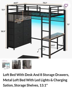 Loft Bed With Desk And 8 Storage Drawers, Metal Loft Bed With Led Lights & Charging Sation, Storage Shelves, 13.1"