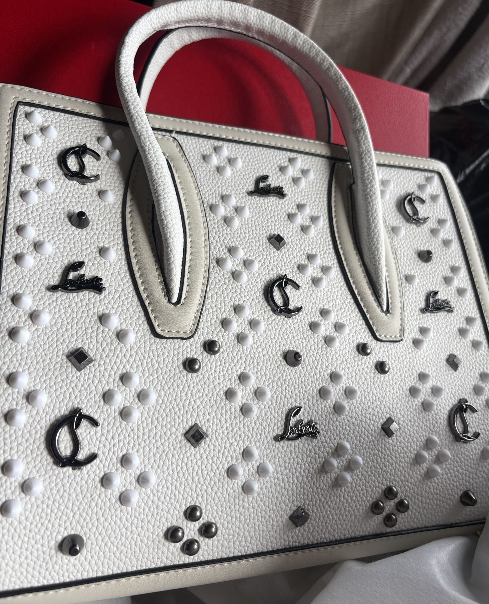 Christian Louboutin Cabata Studded Tote Bag – White Leather, Signature Red Interior