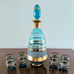 Vintage Teal Decanter with 4 Shot Glasses 