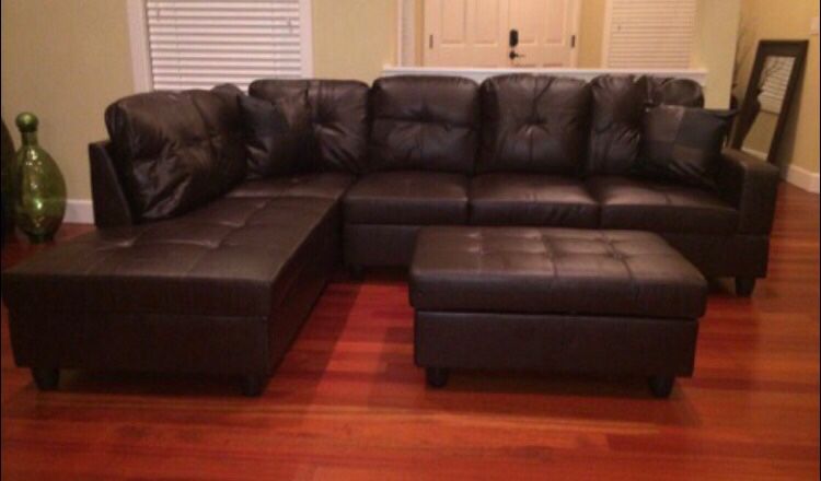 Brand New brown Leather Sectional Sofa with Storage Ottoman