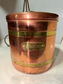 Vtg Copper Cookie Canister Brass Band Patina Rustic Farmhouse Decorative Storage