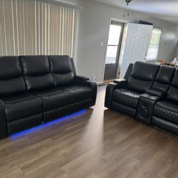 Brand New Black Leather Reclining Sofa Set 