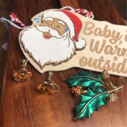 Lot Of 3 Gerry’s Jewelry Holly Brooch, Screw On Earrings, Santa Ornament 