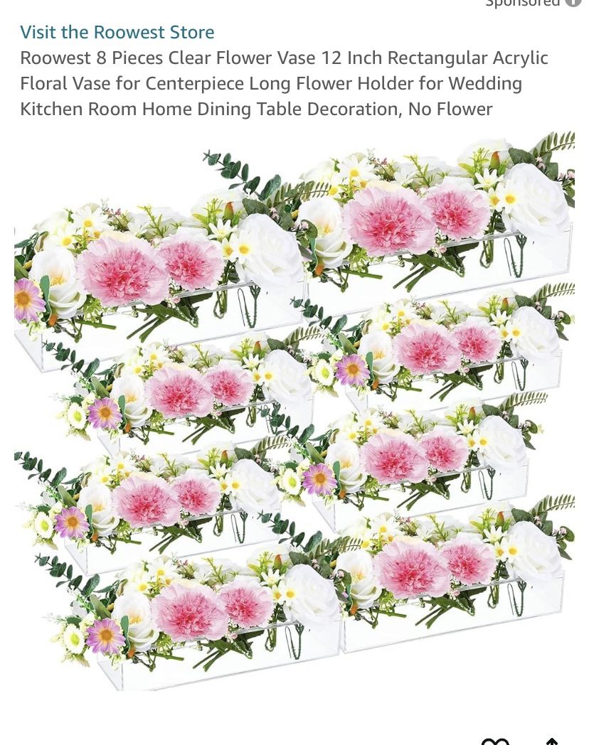 Roowest 8-Piece Rectangular Floral Centerpiece 12” Clear Acrylic Vase Flower Holder for Wedding NEW
