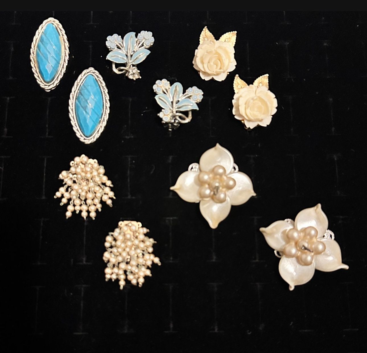 VINTAGE clip on earrings silver tone turquoise flowers beads faux pearls BSK $50 obo