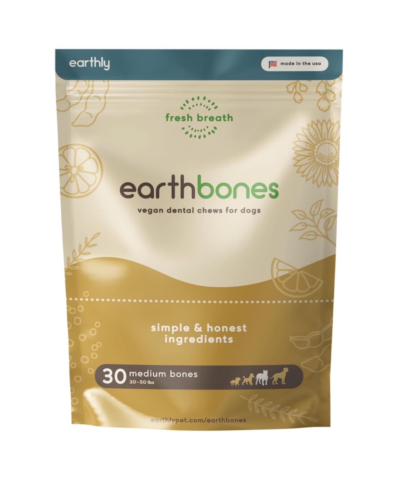 Earthbones Dental Chews for Dogs 20-50lbs, 30 Bones