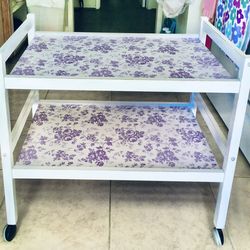 Farmhouse Wheeled cart ALL WOOD - white trim + purple flower + leaves  print 2 shelves + 4 wheels