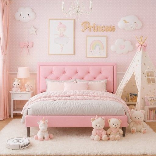 Full Bed Platform Bed Frame with Upholstered Velvet Button Tufted Headboard, Mattress Foundation with Wooden Slat Support, No Box Spring Needed, Easy