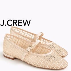 (NEW) (7 SIZES AVAILABLE) WOMEN’S J.CREW FACTORY GOLD SEQUIN PLAID MARY JANE FLATS - SIZES: 6, 6.5, 7.5, 8, 9, 9.5 AND 10 (MSRP: $148)