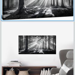 Black and White Misty Forest Wall Art for Living Room Trees Large Nature Canvas Artwork for Bedroom Office Home Decor Ready to Hang 20"x40"