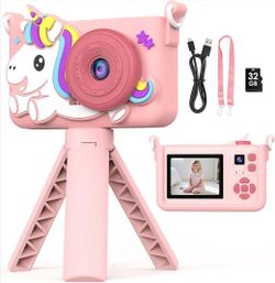 Portable Kids' Camera Toy with Tripod & 32GB Card 1080P HD Pink