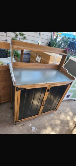 2-in-1 Outdoor Storage Cabinet & Potting Bench, Heavy Duty Metal Top Utility Station for Garden Tools,