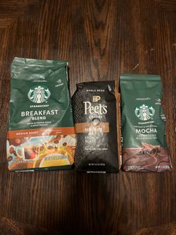 Starbucks Breakfast Blend 1.12lbs, Peets 10.5oz, Starbucks Mocha 11oz