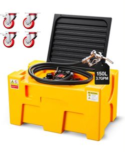 New-40 Gallon Portable Tank, Portable Combo Tank with 12V Electric Transfer Pump, Safety Lock, Wheels – Ideal for Truck Bed & Easy Transportation, Yel