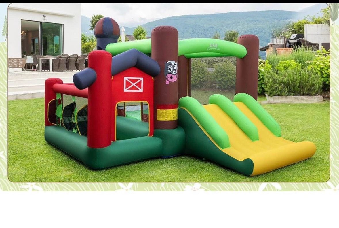 In Box Inflatable Bounce House w/ Ball Pit Farm Bouncy House w/ Dual Slides for Racing Fun Big Bounc