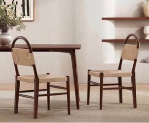 Modern Brown Rubber Wood Woven Dining Chair Armless Side Chair for Home Bar/Restaurant (Set of 2)
