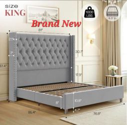 King Size Bed Frame -Brand New - Unused -  Velvet Upholstered Platform, Grey