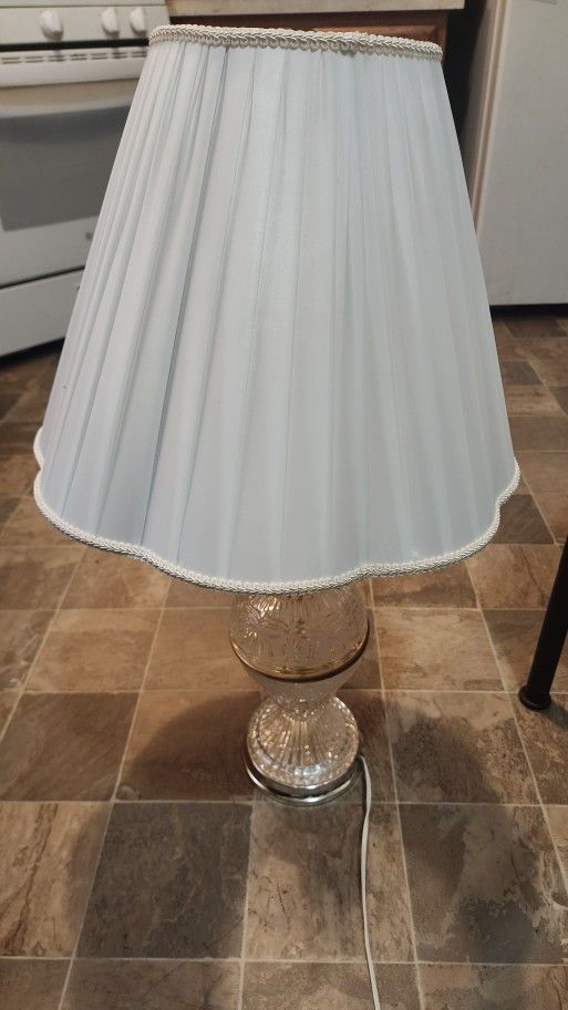 Vintage Crystal And Gold Lamp It's A Three-way Lamp And It Works Great It Has Design On The Crystal With A Brand New Shade And This Advantage And It's