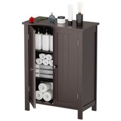 New Brown Bathroom Floor Storage Cabinet with Double Door Adjustable Shelf Organizerll