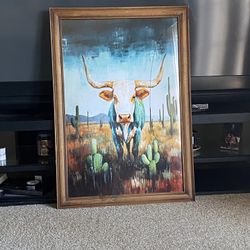 Long Horn Print In Wooden Frame