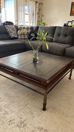 Large Square Wood and Metal Coffee Table