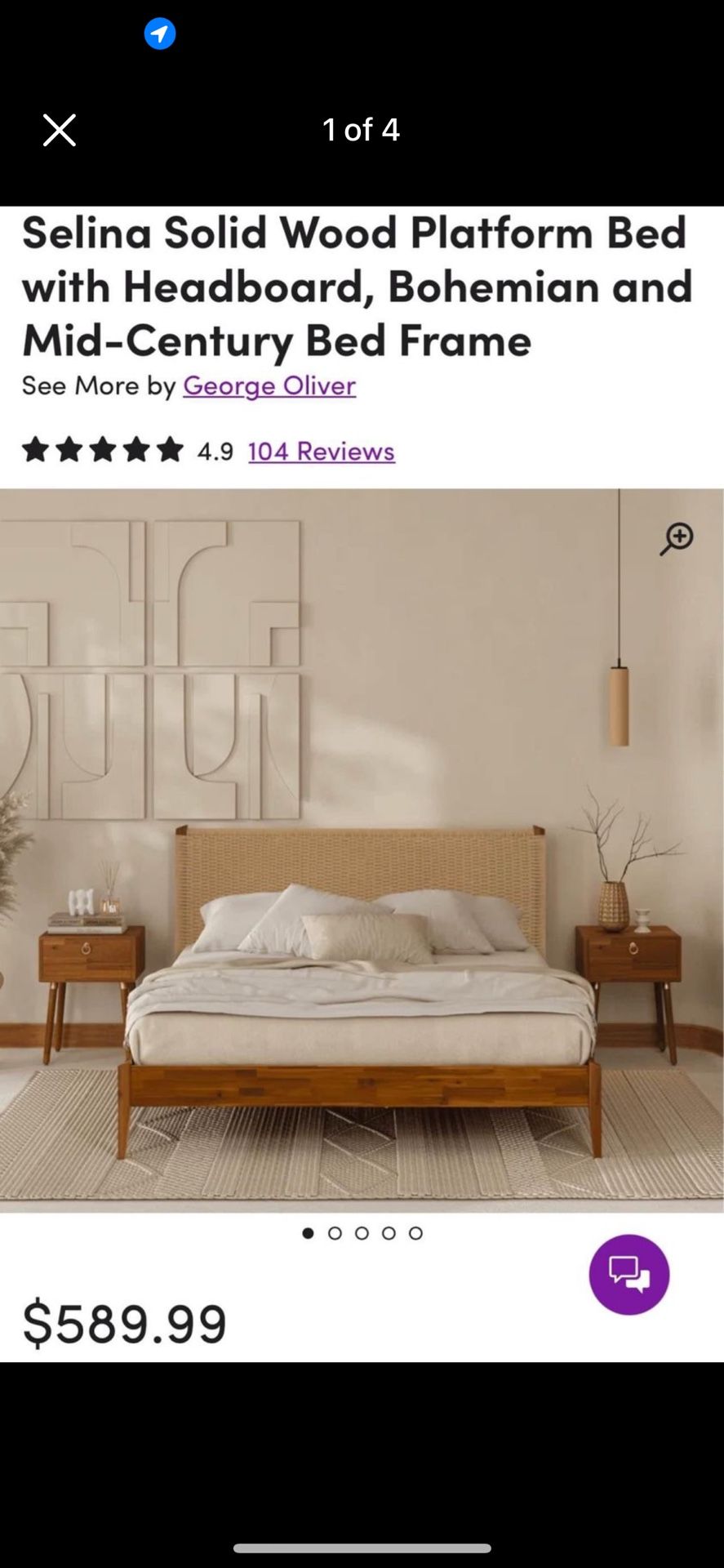 BRAND NEW Selina Solid Wood Platform Bed with Headboard, Bohemian and Mid-Century Bed Frame