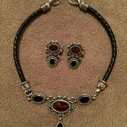 Vintage Brighton Black and Brown Leather Necklace and Earrings Set 